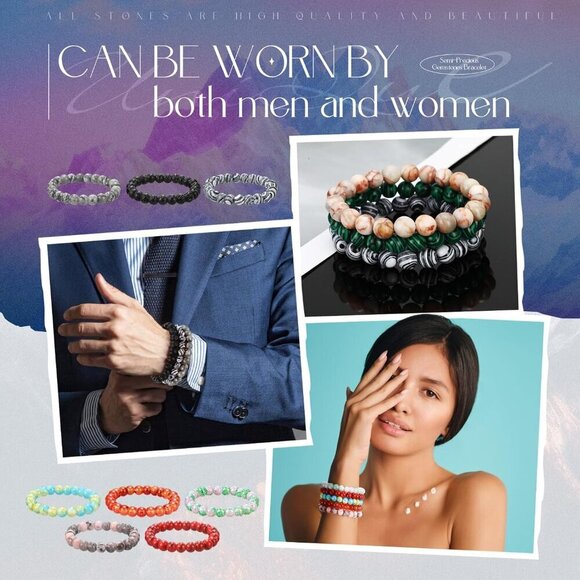 Gemstone Beaded Bracelets Set 24-Color Natural Stone Unisex Jewelry - Picture 3 of 7
